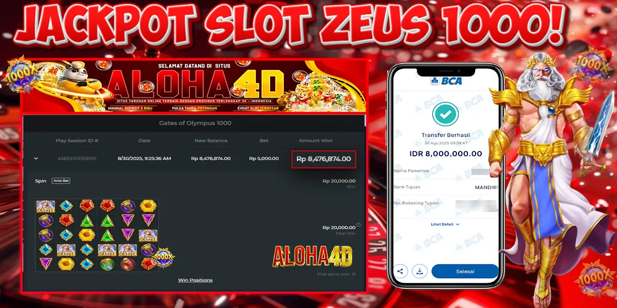 ALOHA4D JACKPOT SLOT GATES OF OLYMPUS 1000 Rp8.000.000,- LUNAS