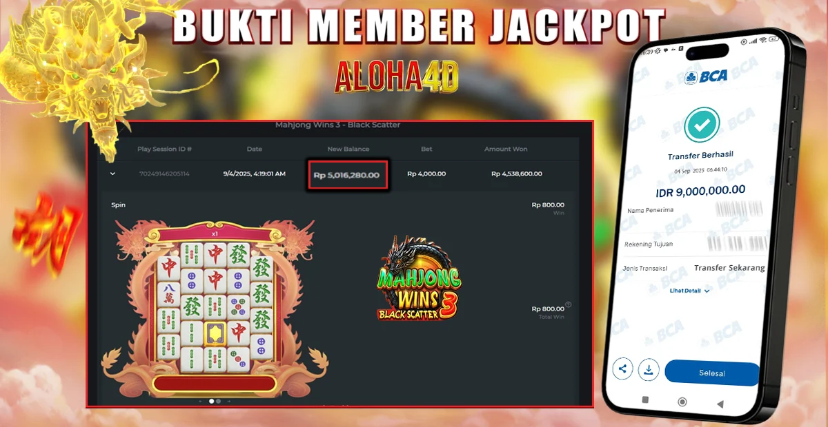 ALOHA4D JACKPOT SLOT MAHJONG WINS 3 Rp9.000.000,- LUNAS